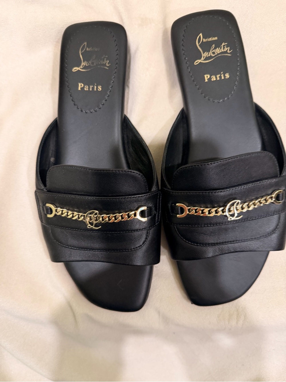 Christian Louboutin Black Leather Chain-Trim Slide Mules